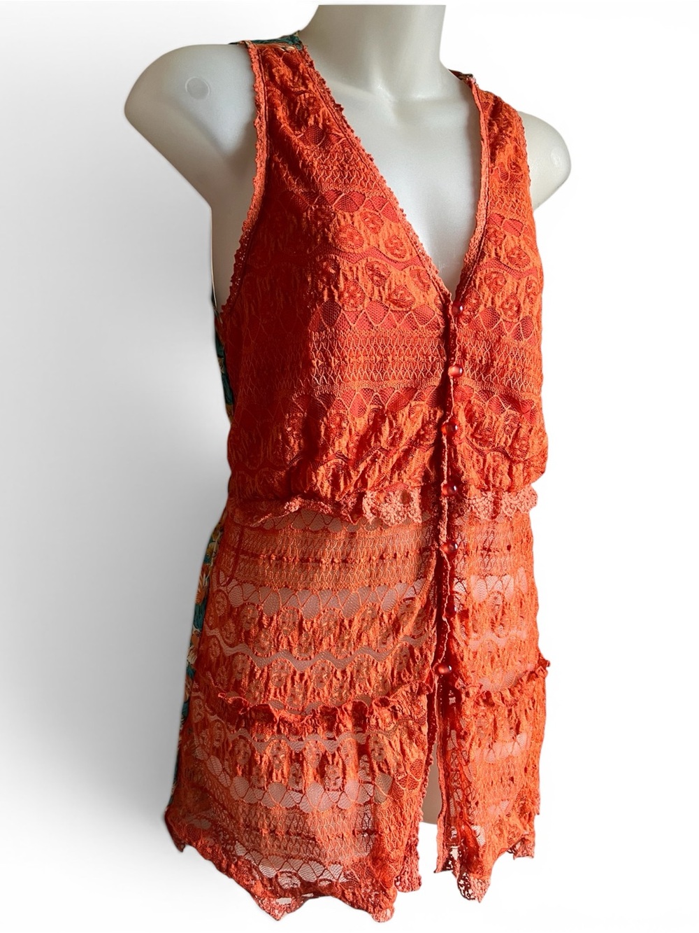 Boho Womens M Lace Sleeveless Festival Top Artsy Earthy Coral Sheer Floral NWT